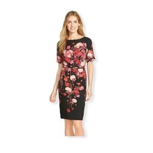 Adrianna Papell Black Dress with Red and Pink Floral Embroidery 6P